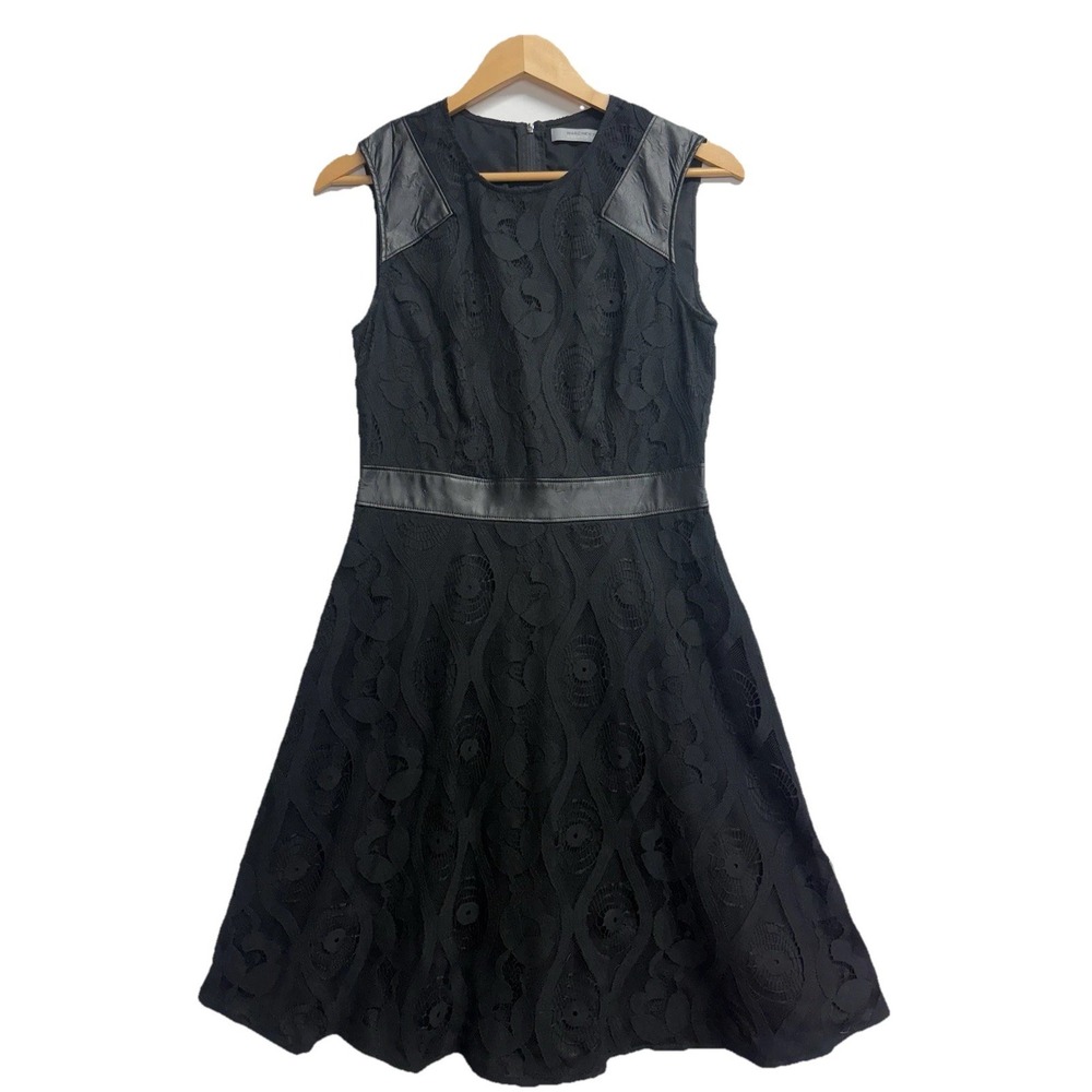 Marc New York Andrew Marc Black Lace Dress Size 6 Faux Leather Trim Fit & Flare